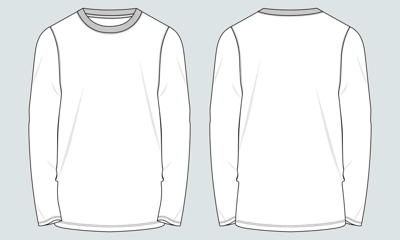 Long sleeve round neck Technical Sketch flat fashion T-shirt front and back view . vector