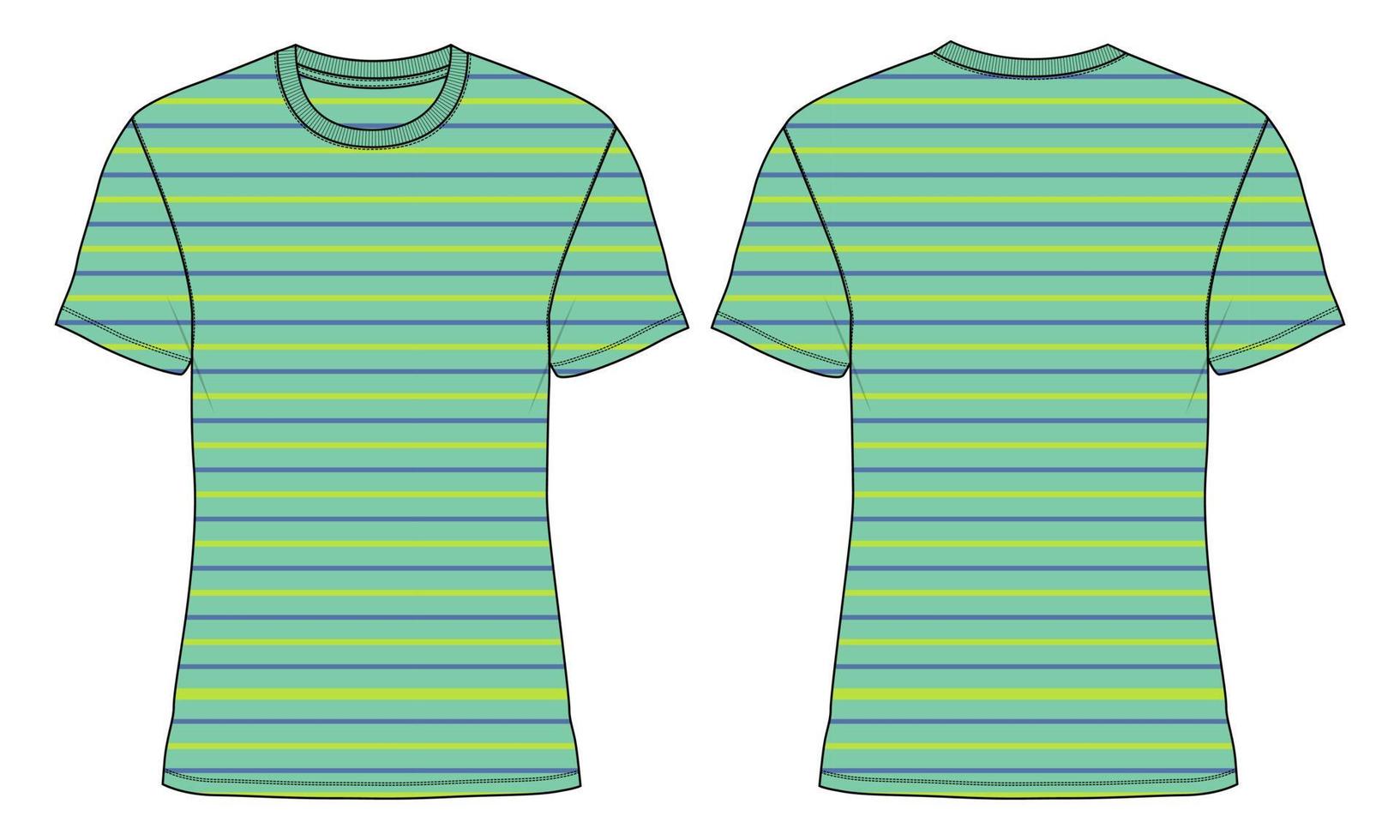camiseta de manga corta de ajuste regular con plantilla plana de moda de dibujo técnico de rayas de tinte de hilo. ilustración vectorial diseño básico de ropa vista frontal y posterior. vector