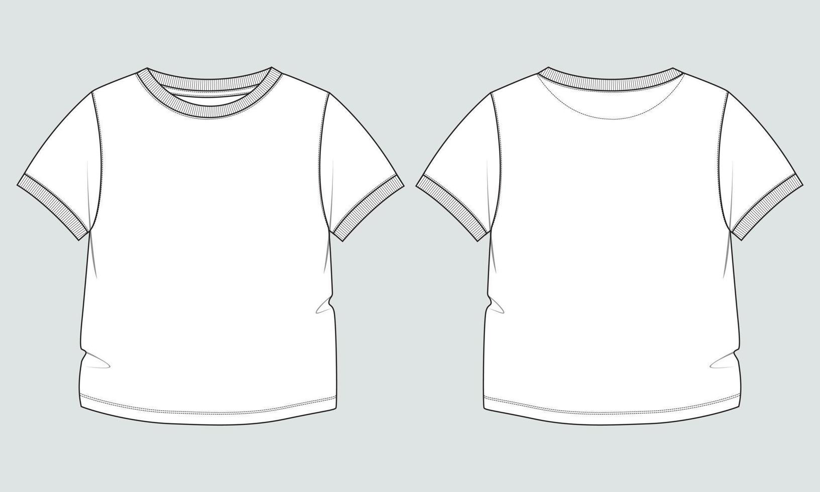 vista frontal y posterior de la plantilla de ilustración vectorial de boceto plano de moda técnica de camiseta básica de manga corta. maqueta de diseño de ropa básica para niños vector