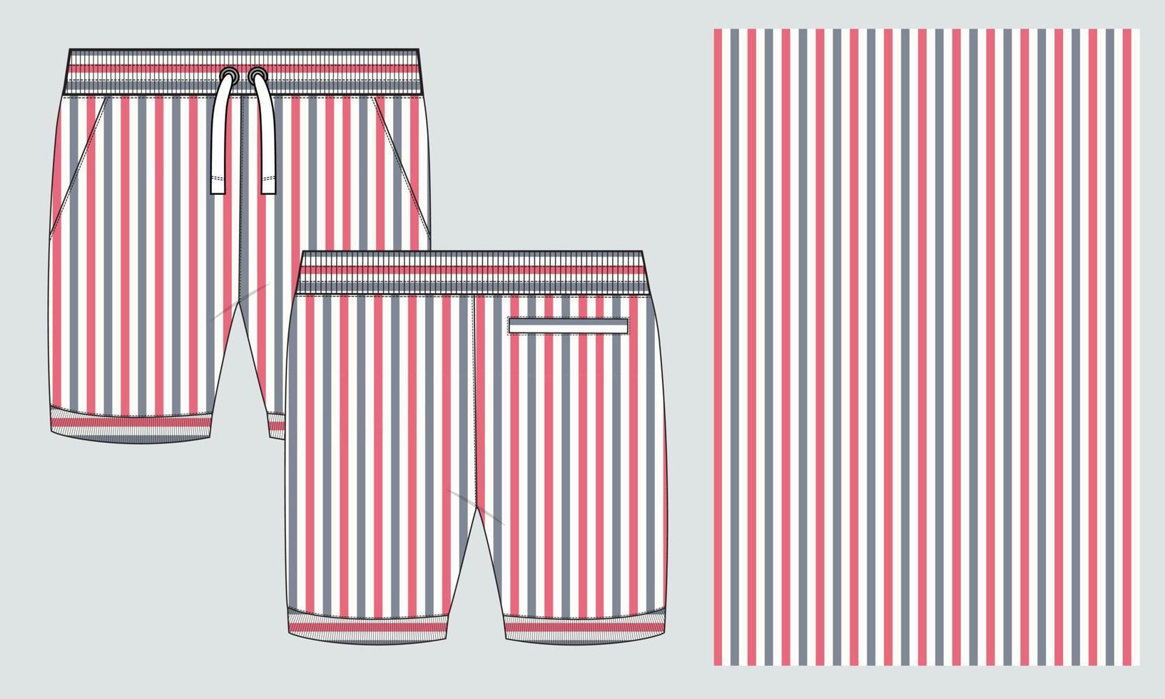 Boys Sweat Shorts Pants With Long Stripe All over Yarn dye stripe vector fashion flat sketch template. Young Men Technical Drawing Fashion art Illustration