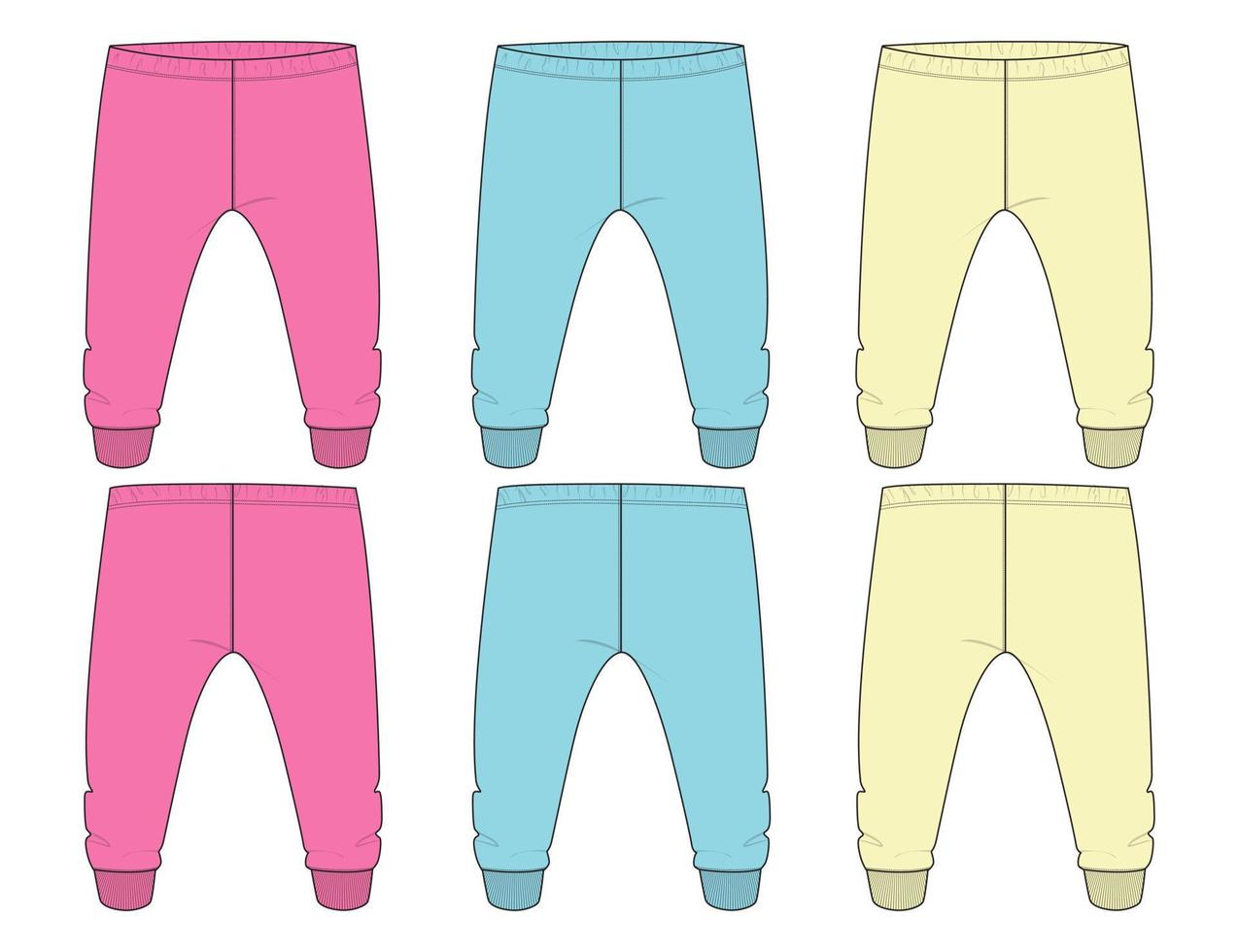 Multi color Set of collection Basic Sweat pant technical fashion flat sketch template front and back views. Apparel Fleece Cotton jogger pants vector illustration drawing mock up for kids and boys.