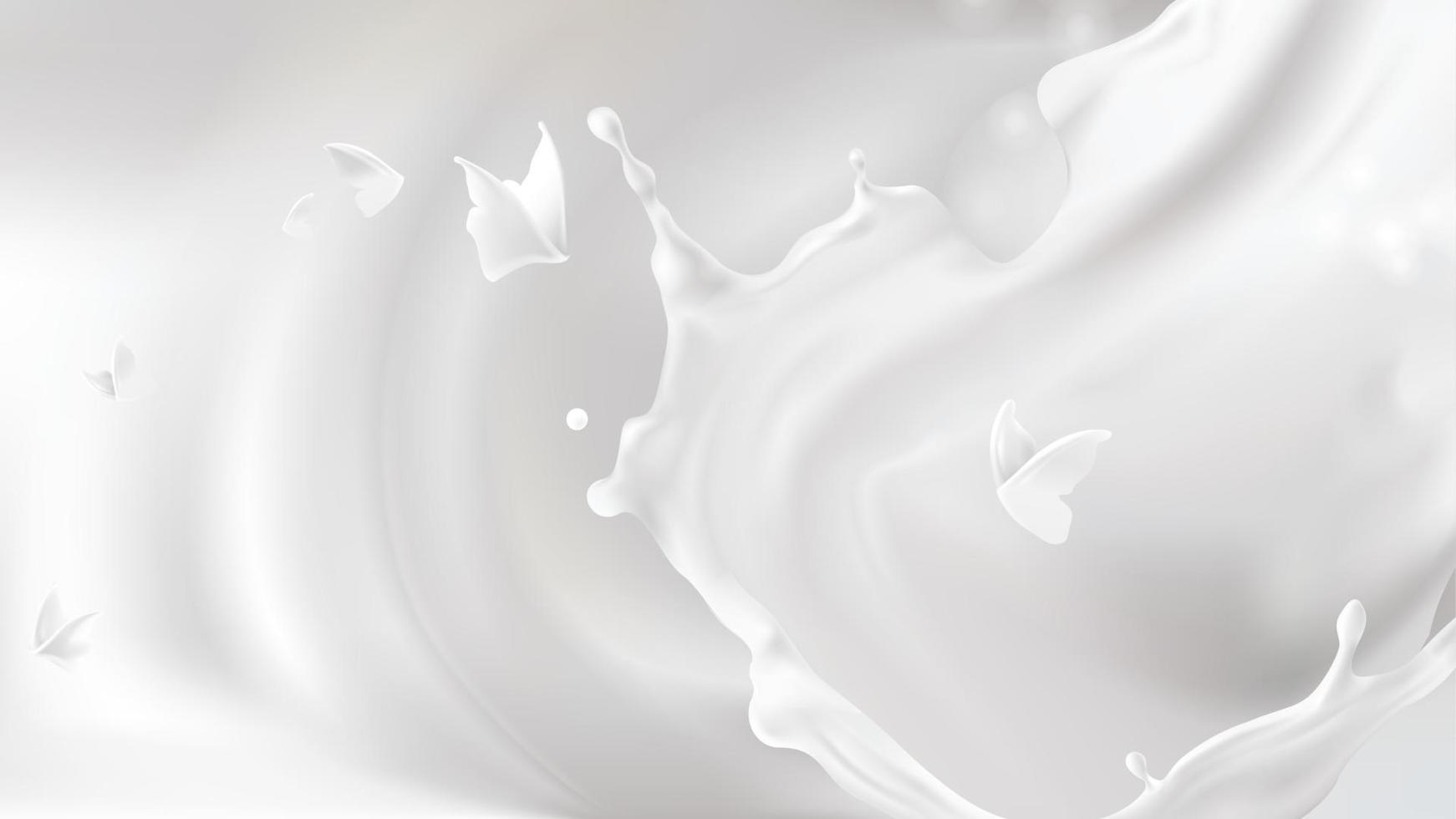 salpicaduras de leche, forma de remolino y siluetas de mariposa vector