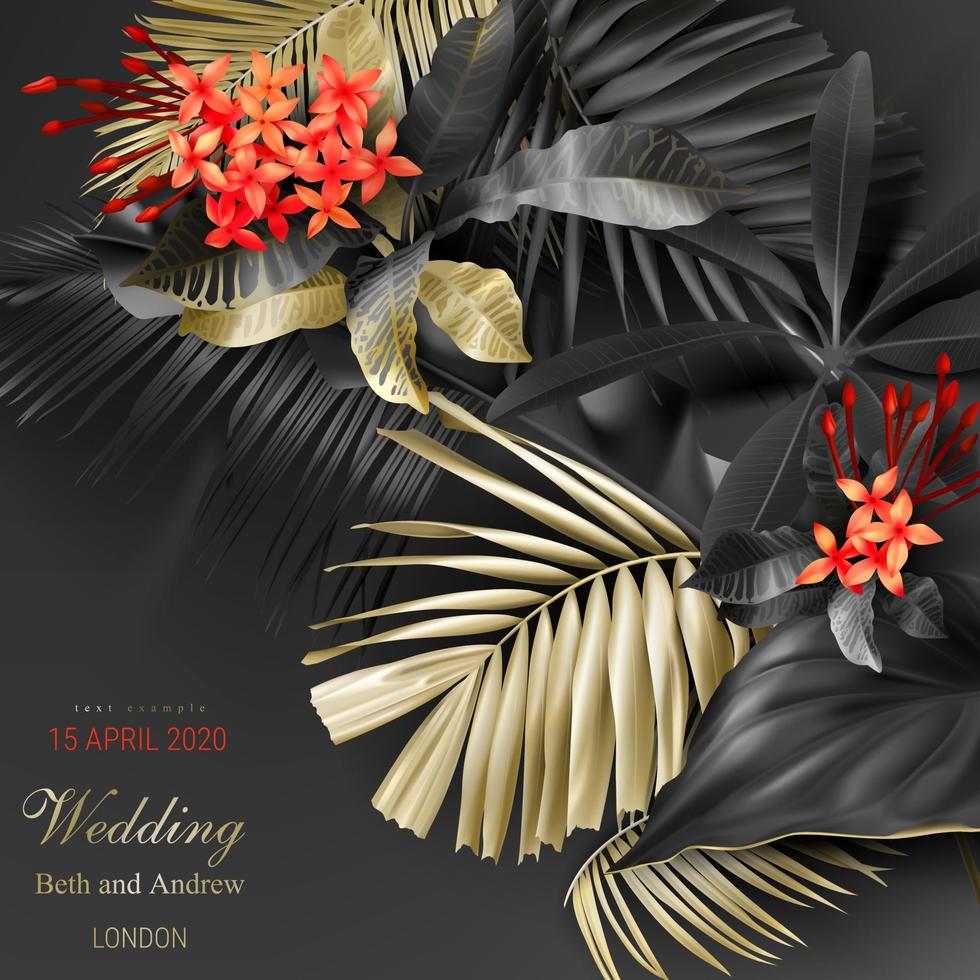 Tropical black and gold leaves on dark background vector