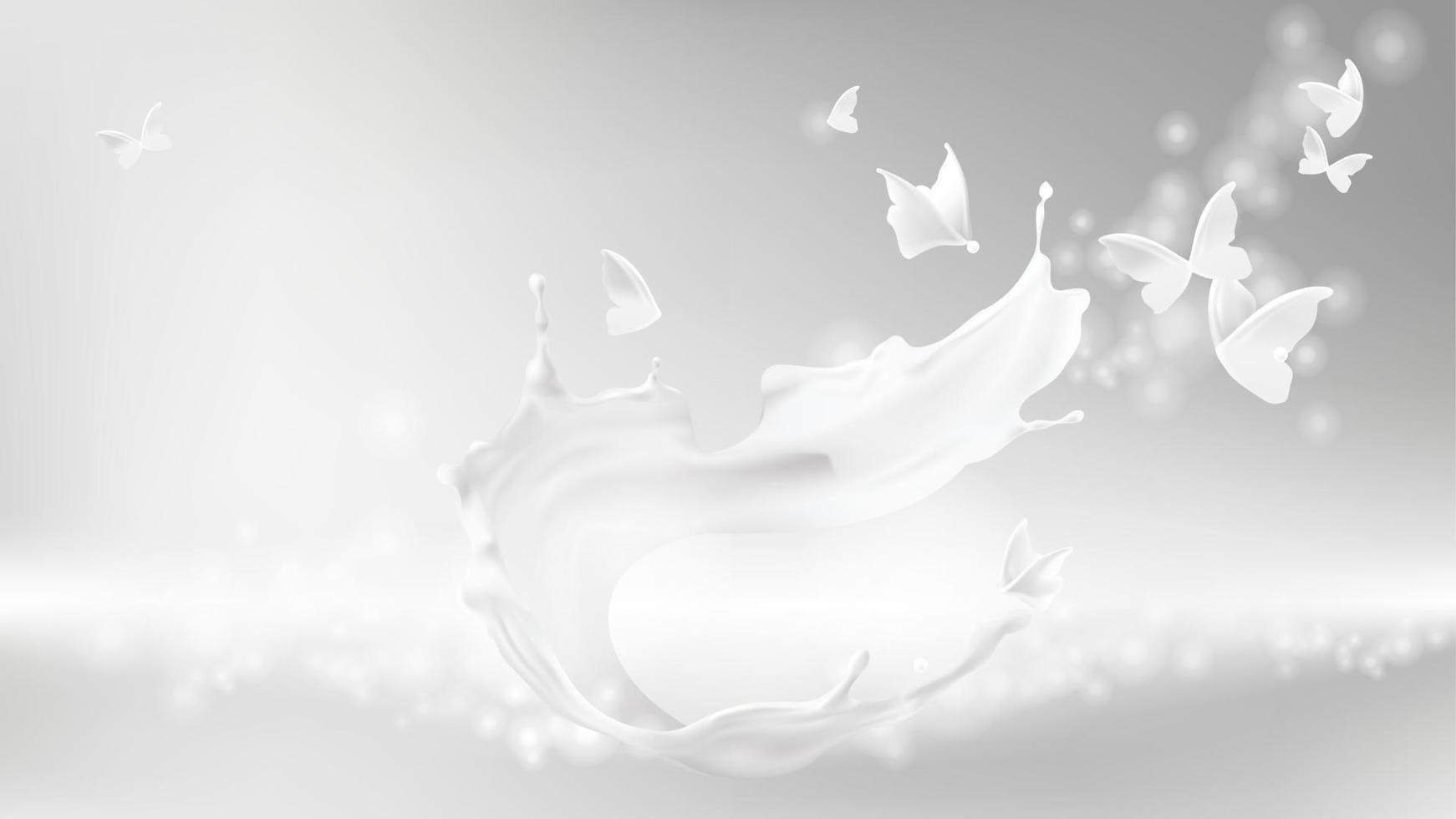 Milk splash, swirl shape and butterfly silhouettes vector