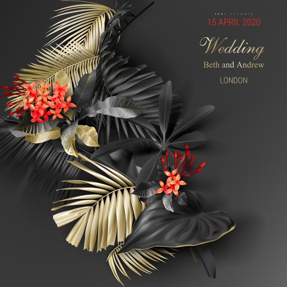 Tropical black and gold leaves on dark background vector