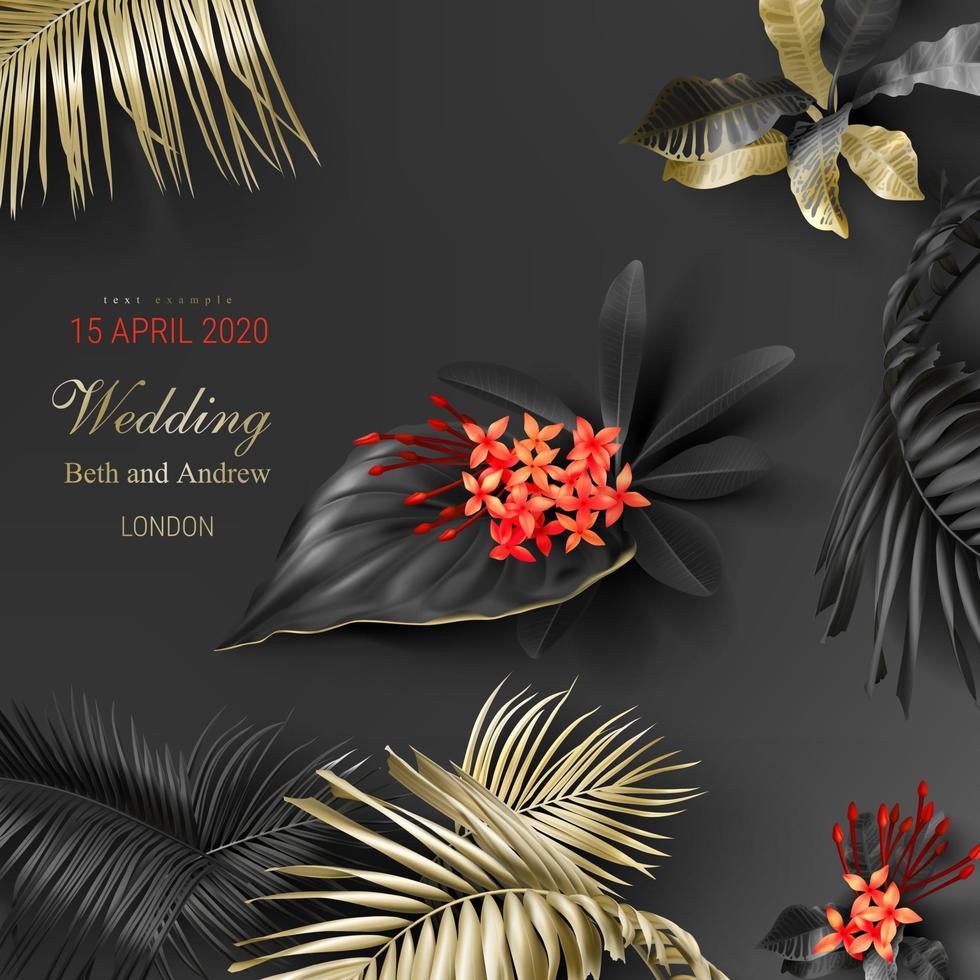 Tropical black and gold leaves on dark background vector