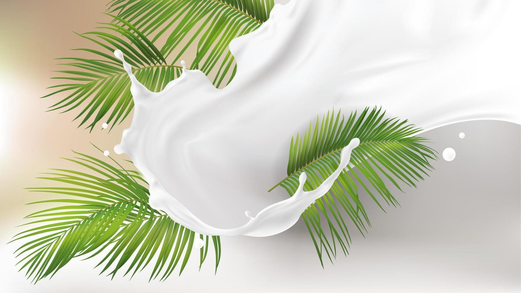 Milk splash swirl and palm leaves vector