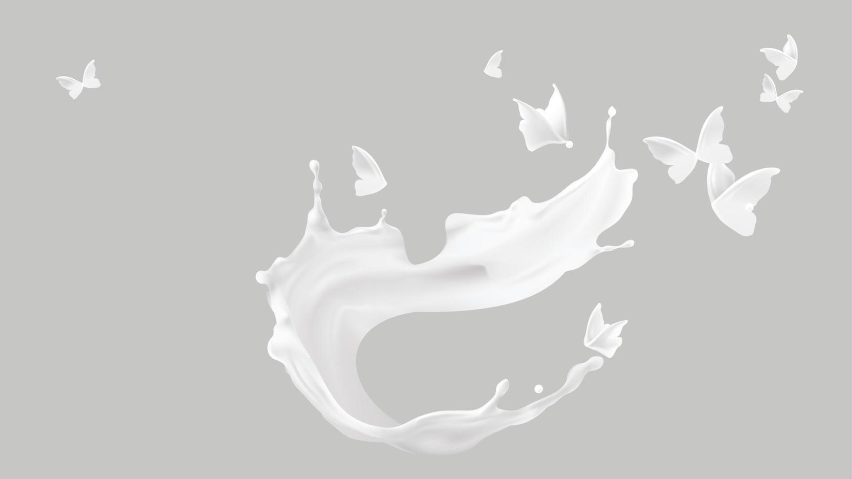 Milk splash, spiral shape and butterfly silhouette vector
