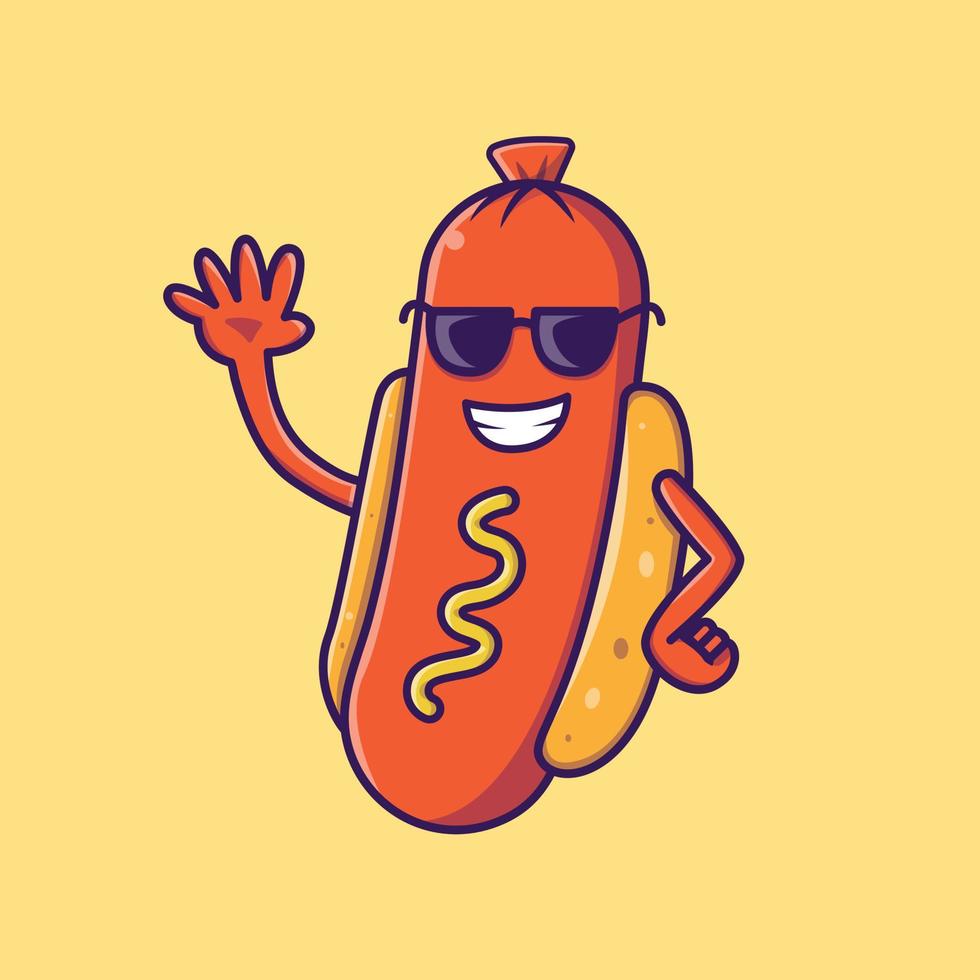 Cool Hotdog Cartoon Vector Icon Illustration. Food Mascot Icon Concept Isolated Premium Vector. Flat Cartoon Style
