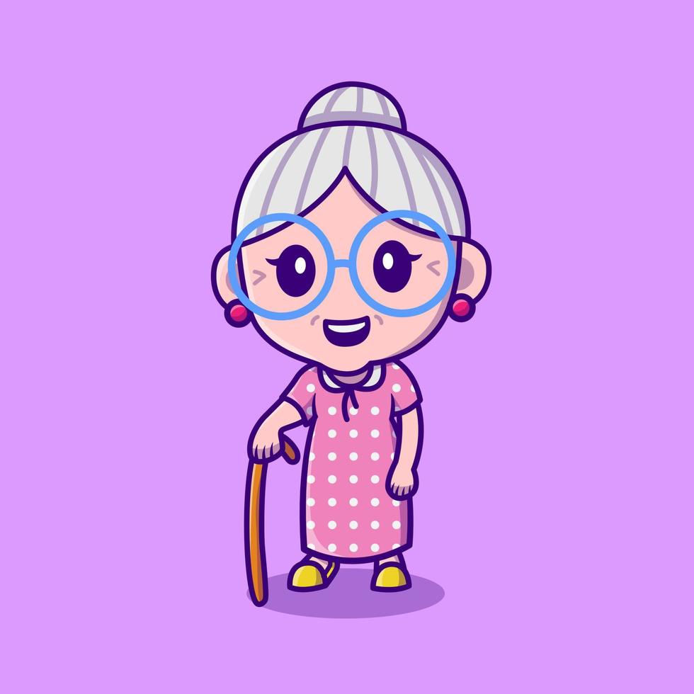 Cute Grandma Carrying Stick Cartoon Vector Icon Illustration. People Family Icon Concept Isolated Premium Vector. Flat Cartoon Style