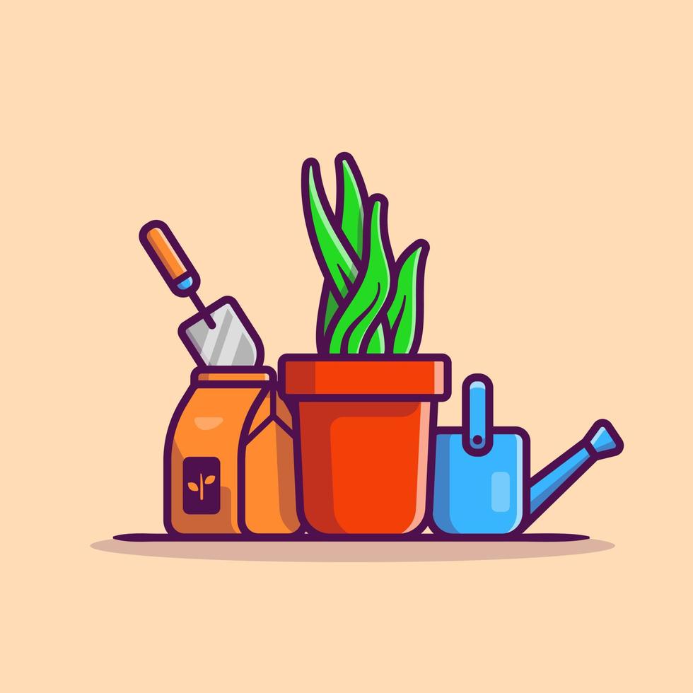 Plant, Pot, Kettle And Shovel Cartoon Vector Icon Illustration. Nature Object Icon Concept Isolated Premium Vector. Flat Cartoon Style