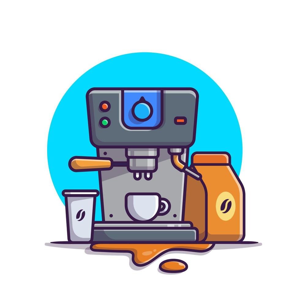 ilustración de icono de vector de dibujos animados de máquina de café espresso, tazas, taza y paquete de café. concepto de icono de máquina de café vector premium aislado. estilo de dibujos animados plana