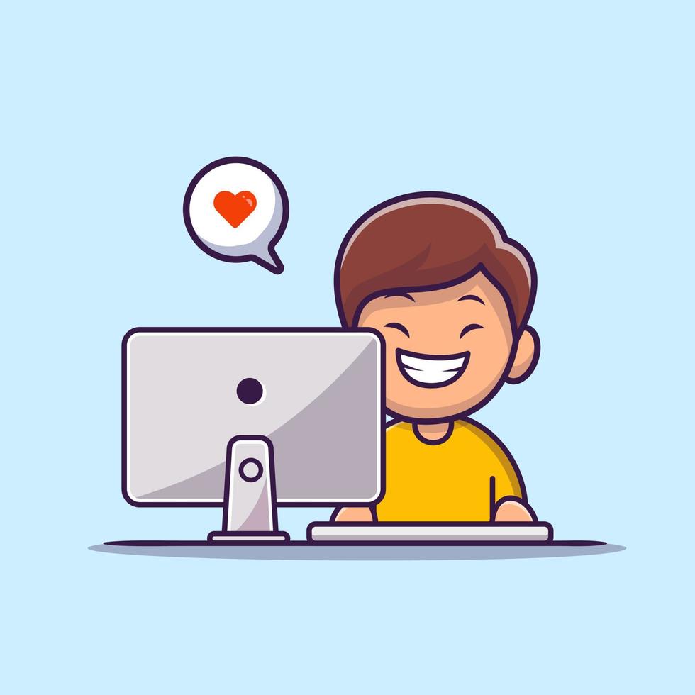 Happy Boy Working On Computer Cartoon Vector Icon Illustration. People Technology Icon Concept Isolated Premium Vector. Flat Cartoon Style