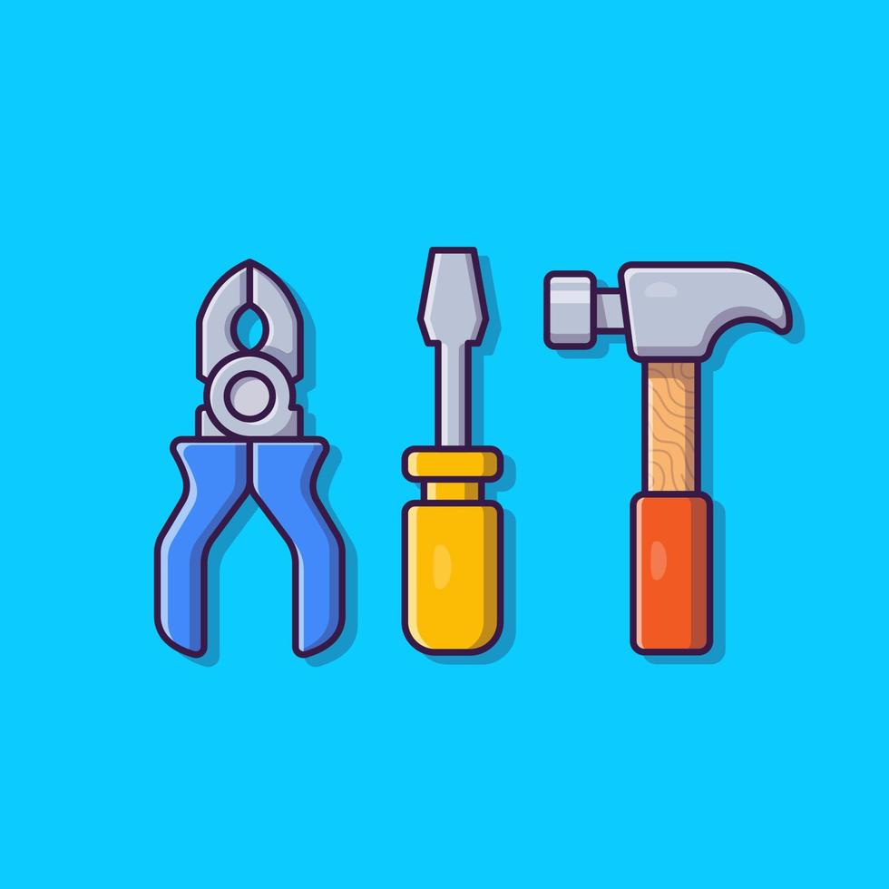 Pliers, Hammer And Screwdriver Cartoon Vector Icon Illustration. Tools Object Icon Concept Isolated Premium Vector. Flat Cartoon Style