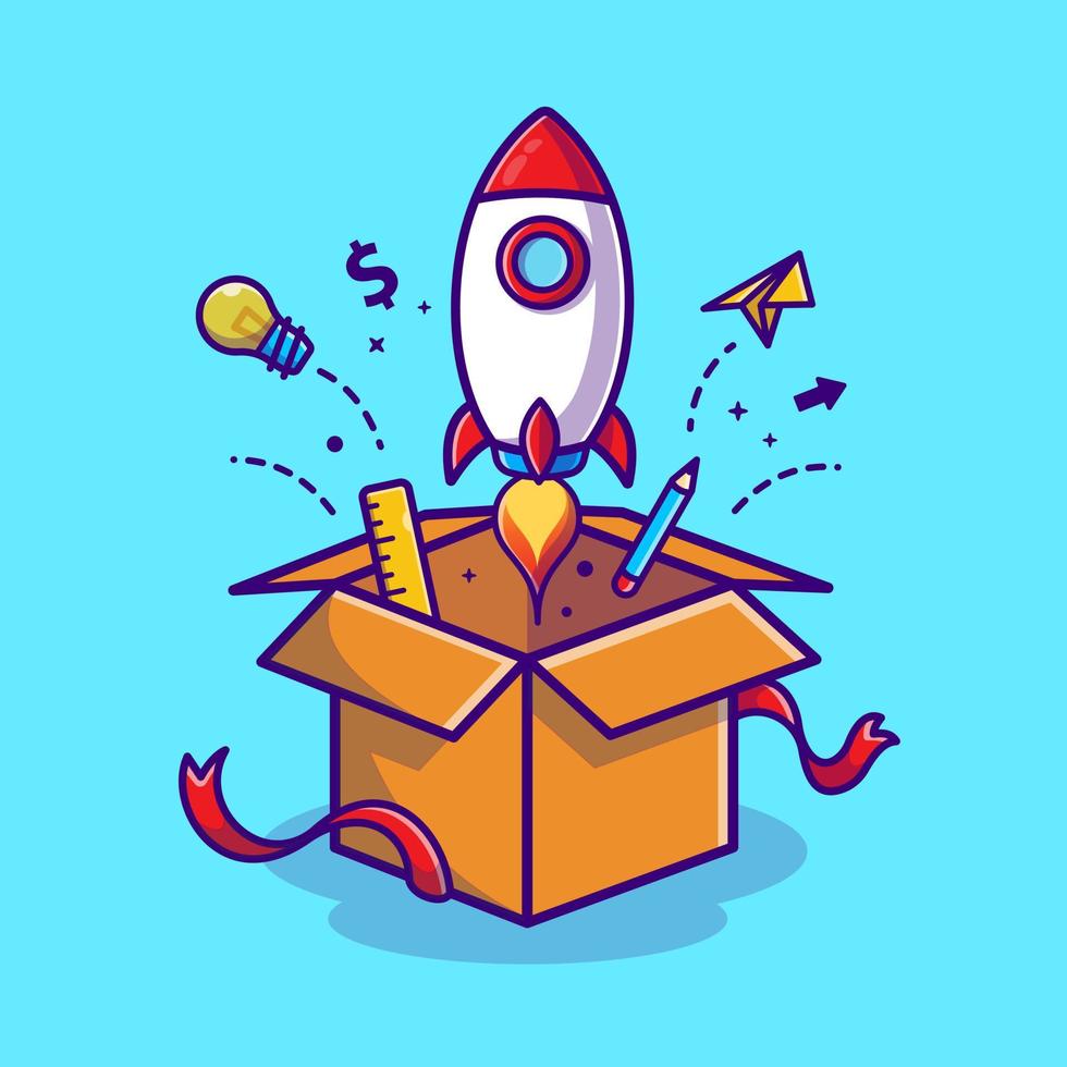 Rocket Launch From Box Cartoon Vector Icon Illustration. Business Technology Icon Concept Isolated Premium Vector. Flat Cartoon Style
