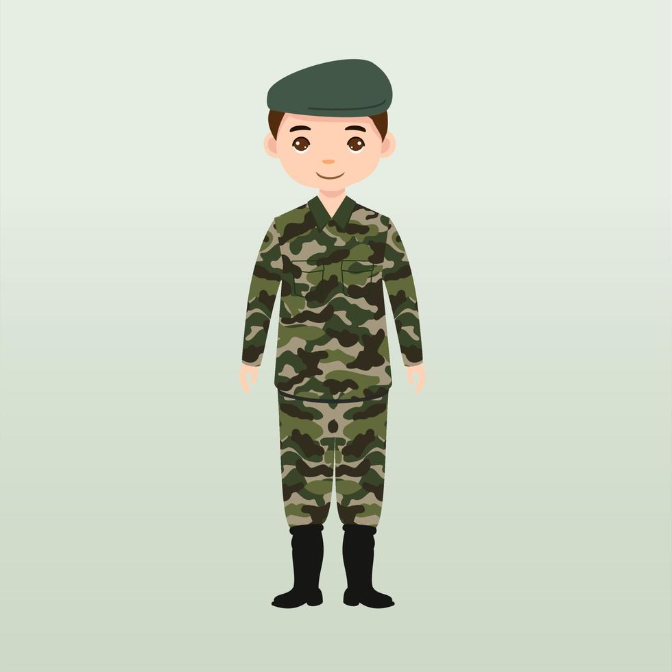 soldados del ejército, hombres con uniforme de combate saludando. lindo estilo de dibujos animados planos. soldado vigila en guardia. guardabosques en la frontera. unidad de equipo de comandos. tripulación de fuerzas especiales. vector de caracteres del ejército o soldado.