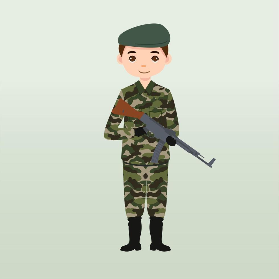 soldados del ejército, hombres con uniforme de combate saludando. lindo estilo de dibujos animados planos. soldado vigila en guardia. guardabosques en la frontera. unidad de equipo de comandos. tripulación de fuerzas especiales. vector de caracteres del ejército o soldado.