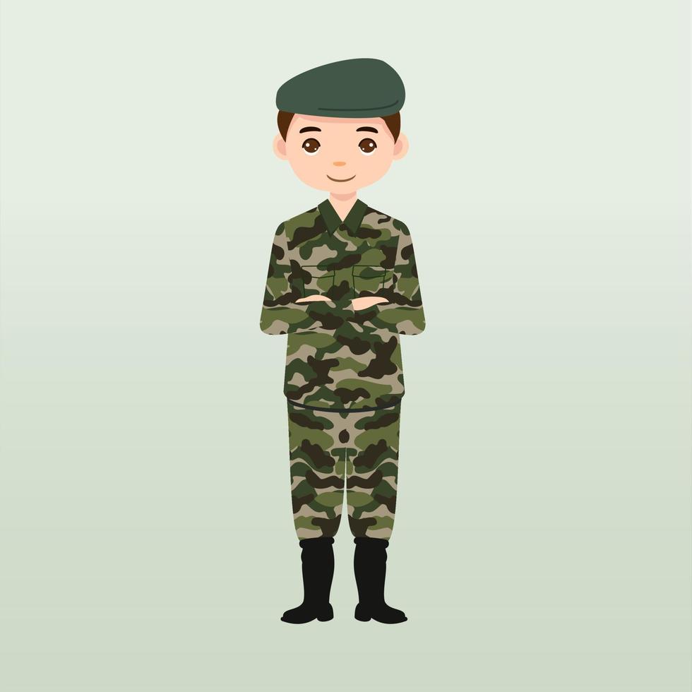 soldados del ejército, hombres con uniforme de combate saludando. lindo estilo de dibujos animados planos. soldado vigila en guardia. guardabosques en la frontera. unidad de equipo de comandos. tripulación de fuerzas especiales. vector de caracteres del ejército o soldado.