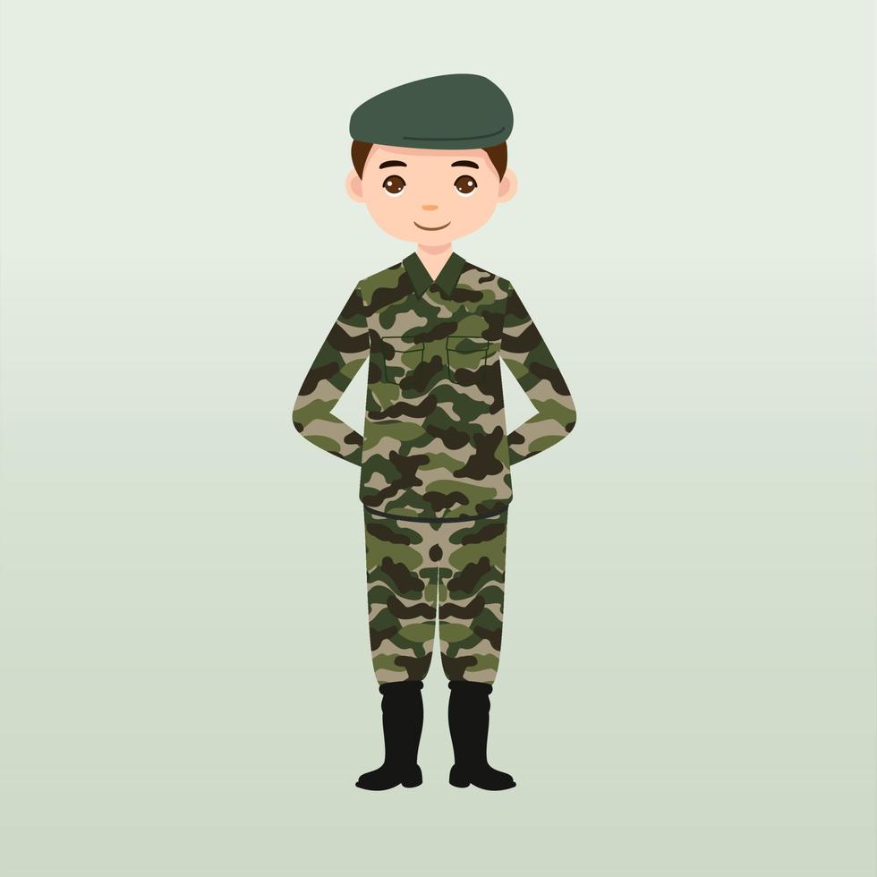 soldados del ejército, hombres con uniforme de combate saludando. lindo estilo de dibujos animados planos. soldado vigila en guardia. guardabosques en la frontera. unidad de equipo de comandos. tripulación de fuerzas especiales. vector de caracteres del ejército o soldado.