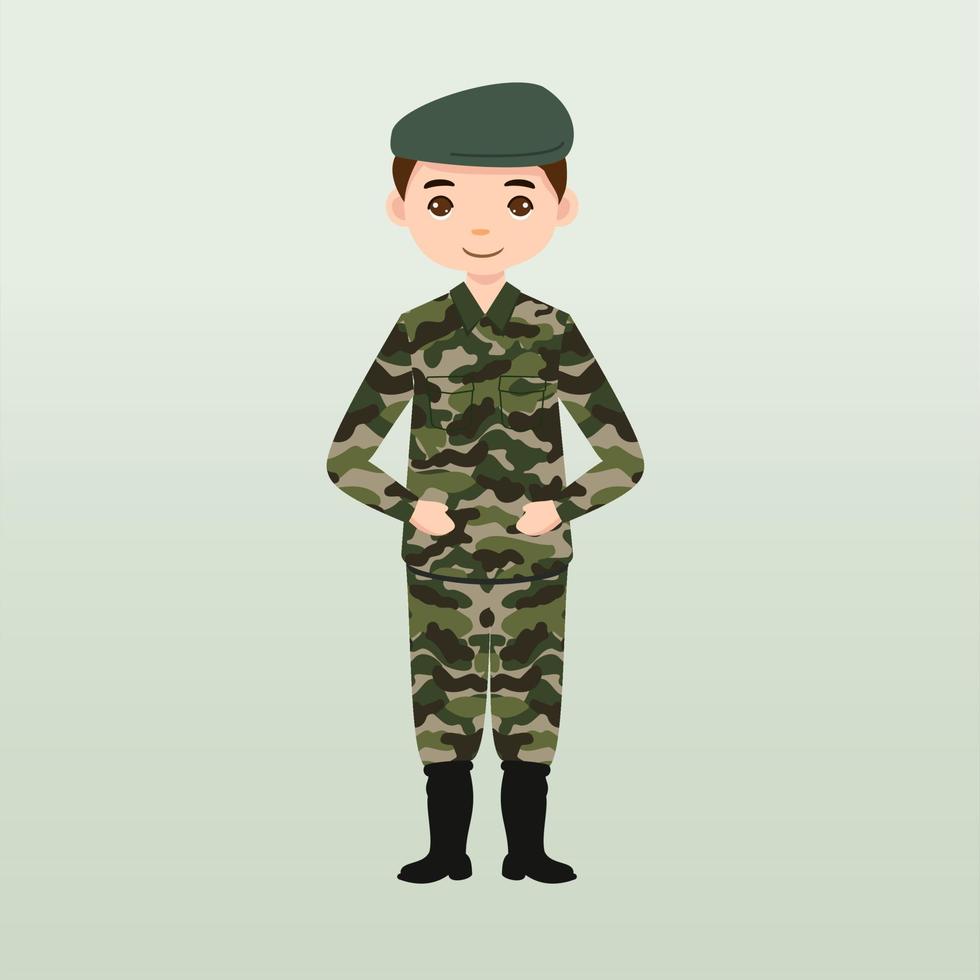 soldados del ejército, hombres con uniforme de combate saludando. lindo estilo de dibujos animados planos. soldado vigila en guardia. guardabosques en la frontera. unidad de equipo de comandos. tripulación de fuerzas especiales. vector de caracteres del ejército o soldado.