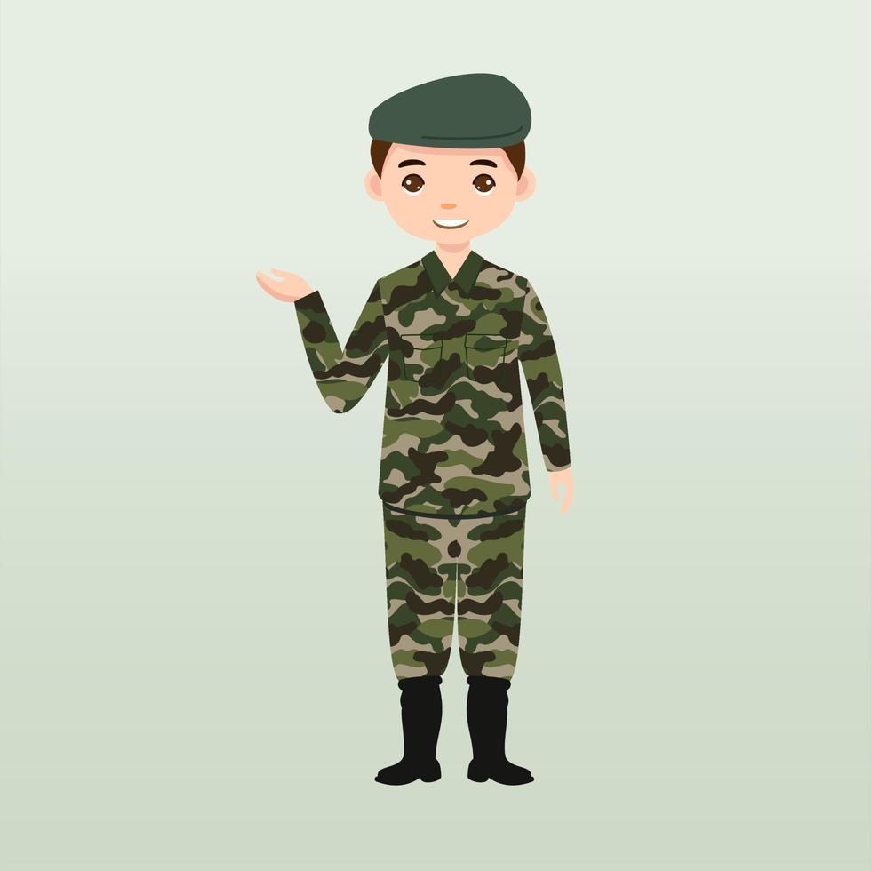 soldados del ejército, hombres con uniforme de combate saludando. lindo estilo de dibujos animados planos. soldado vigila en guardia. guardabosques en la frontera. unidad de equipo de comandos. tripulación de fuerzas especiales. vector de caracteres del ejército o soldado.