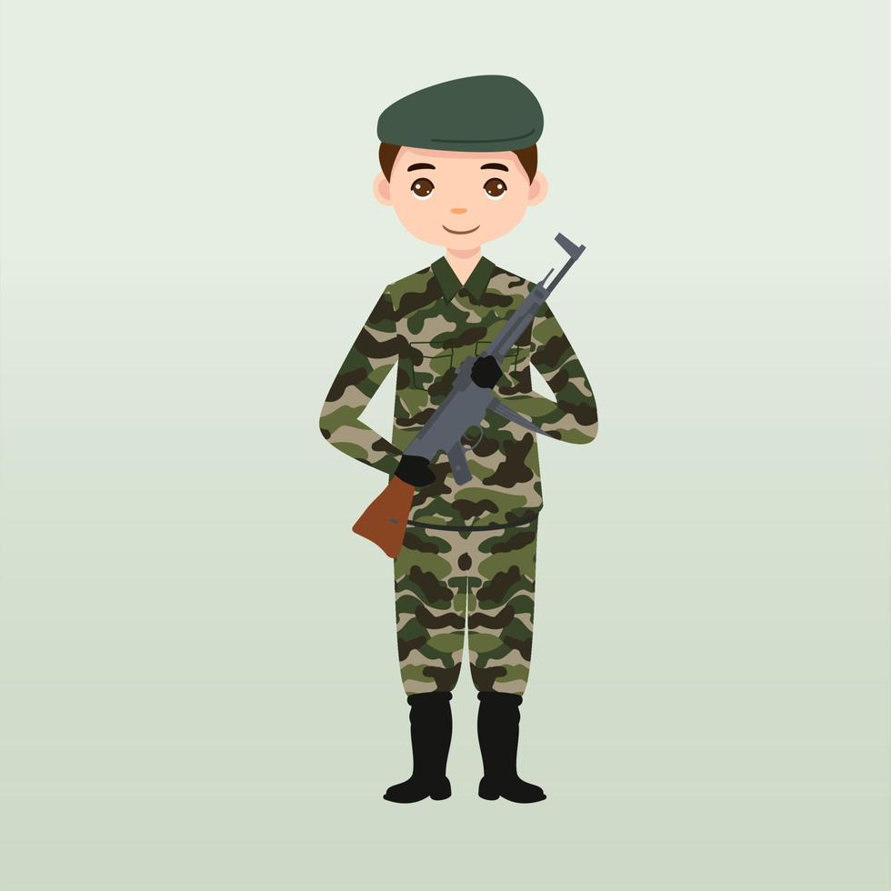 soldados del ejército, hombres con uniforme de combate saludando. lindo estilo de dibujos animados planos. soldado vigila en guardia. guardabosques en la frontera. unidad de equipo de comandos. tripulación de fuerzas especiales. vector de caracteres del ejército o soldado.