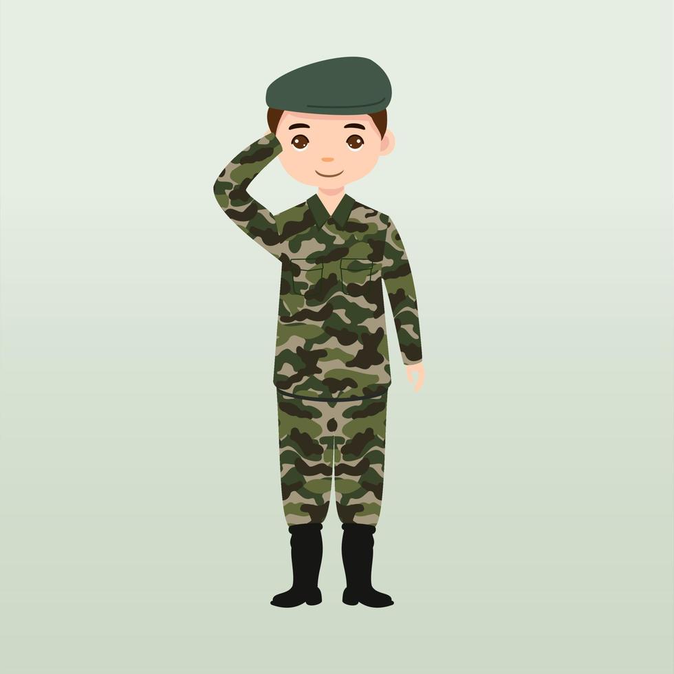 soldados del ejército, hombres con uniforme de combate saludando. lindo estilo de dibujos animados planos. soldado vigila en guardia. guardabosques en la frontera. unidad de equipo de comandos. tripulación de fuerzas especiales. vector de caracteres del ejército o soldado.