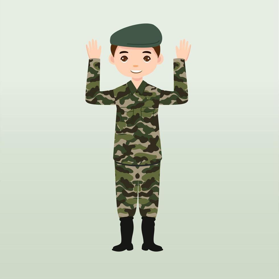 Army soldiers, men in combat uniform saluting. Cute flat cartoon style. Soldier keeps watch on guard. Rangers on border. Commandos team unit. Special force crew. Army or soldier character vector. vector