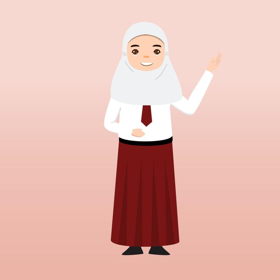 Elementary School Hijab Girl Student Wearing Red and White Uniform. Cartoon Vector Illustration. Portrait of an elementary school student. School students children with backpacks, books, macbook.