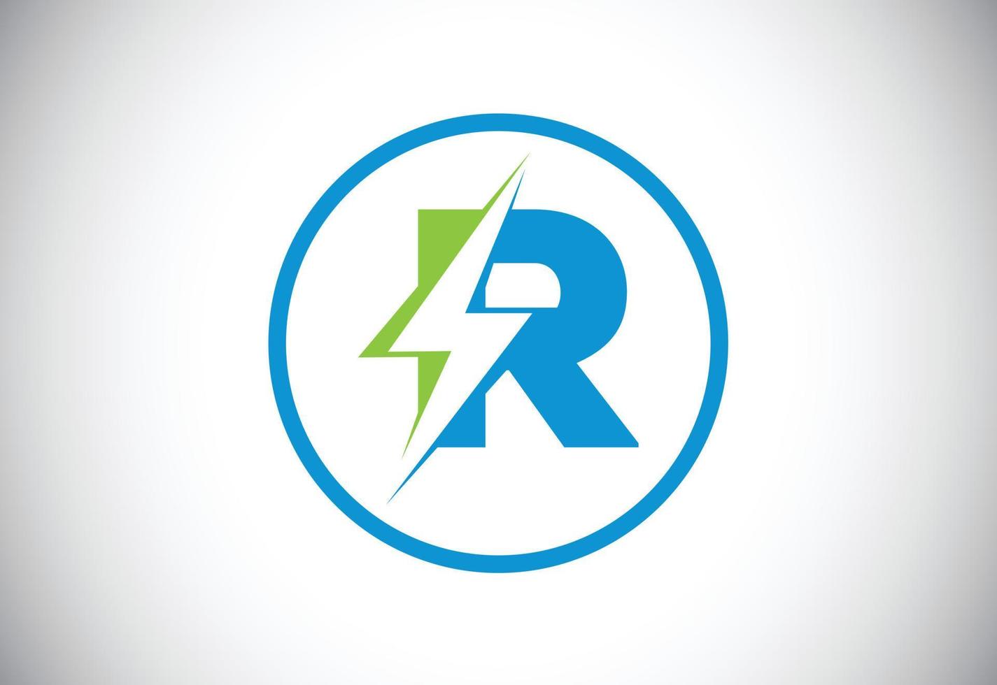 Initial R letter logo design with lighting thunder bolt. Electric bolt letter logo vector