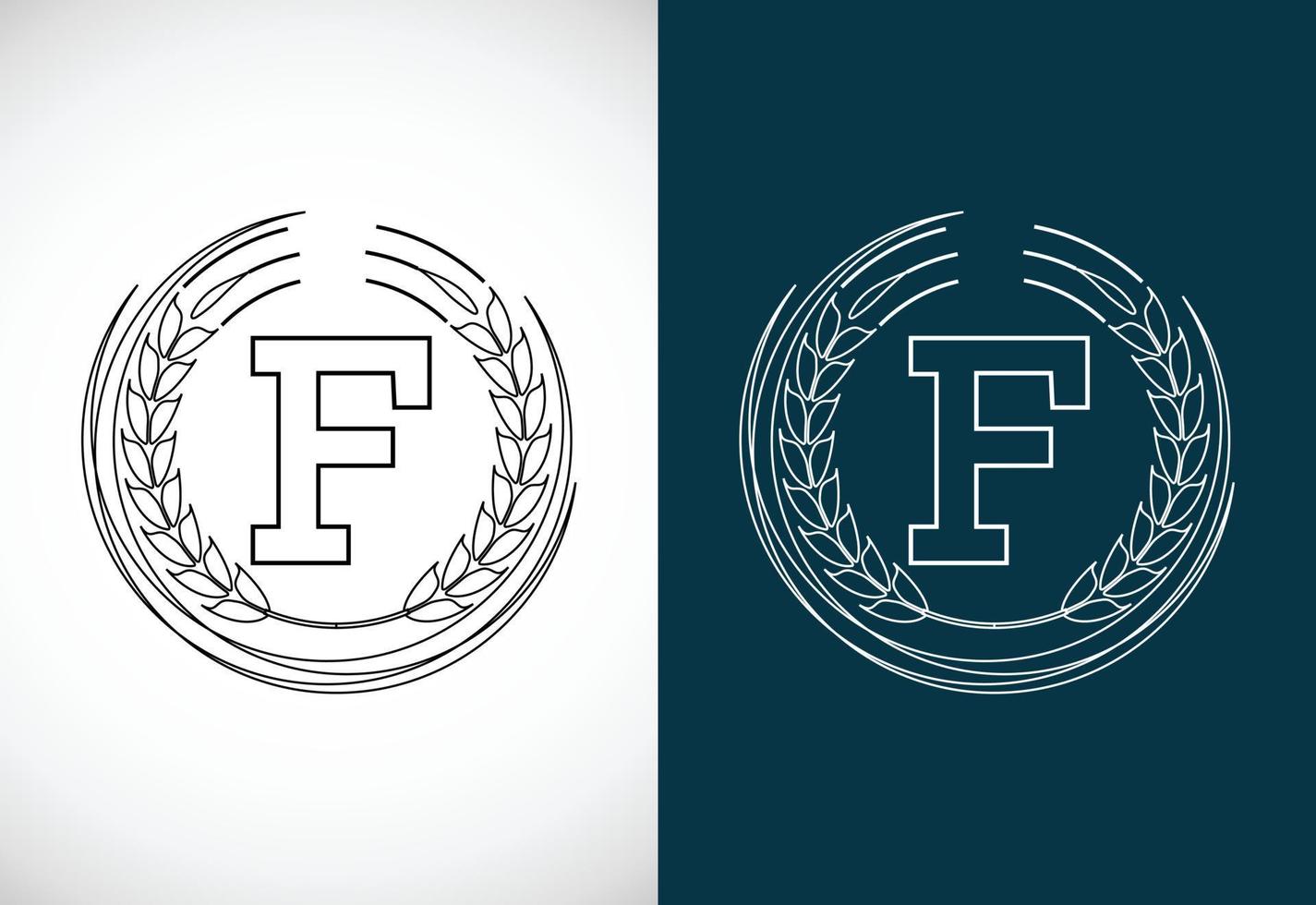 Initial letter F with wheat wreath. Organic wheat farming logo design concept. Agriculture logo. vector