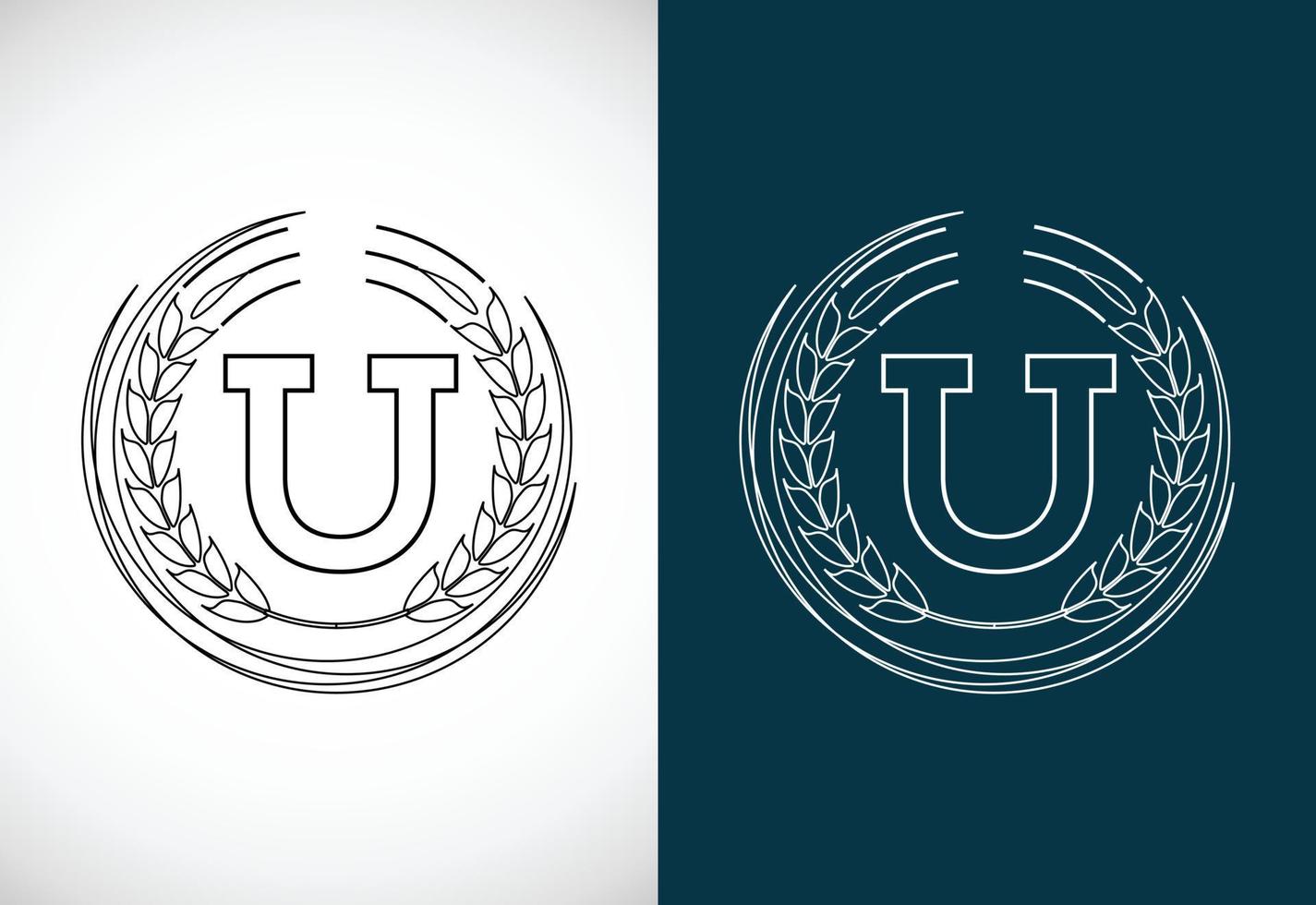 Initial letter U with wheat wreath. Organic wheat farming logo design concept. Agriculture logo. vector