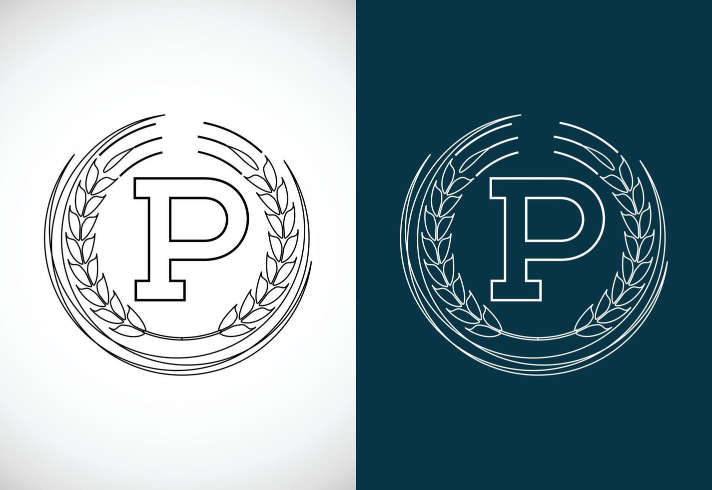 Initial letter P with wheat wreath. Organic wheat farming logo design concept. Agriculture logo. vector