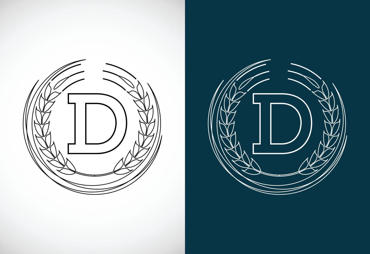 Initial letter D with wheat wreath. Organic wheat farming logo design concept. Agriculture logo. vector