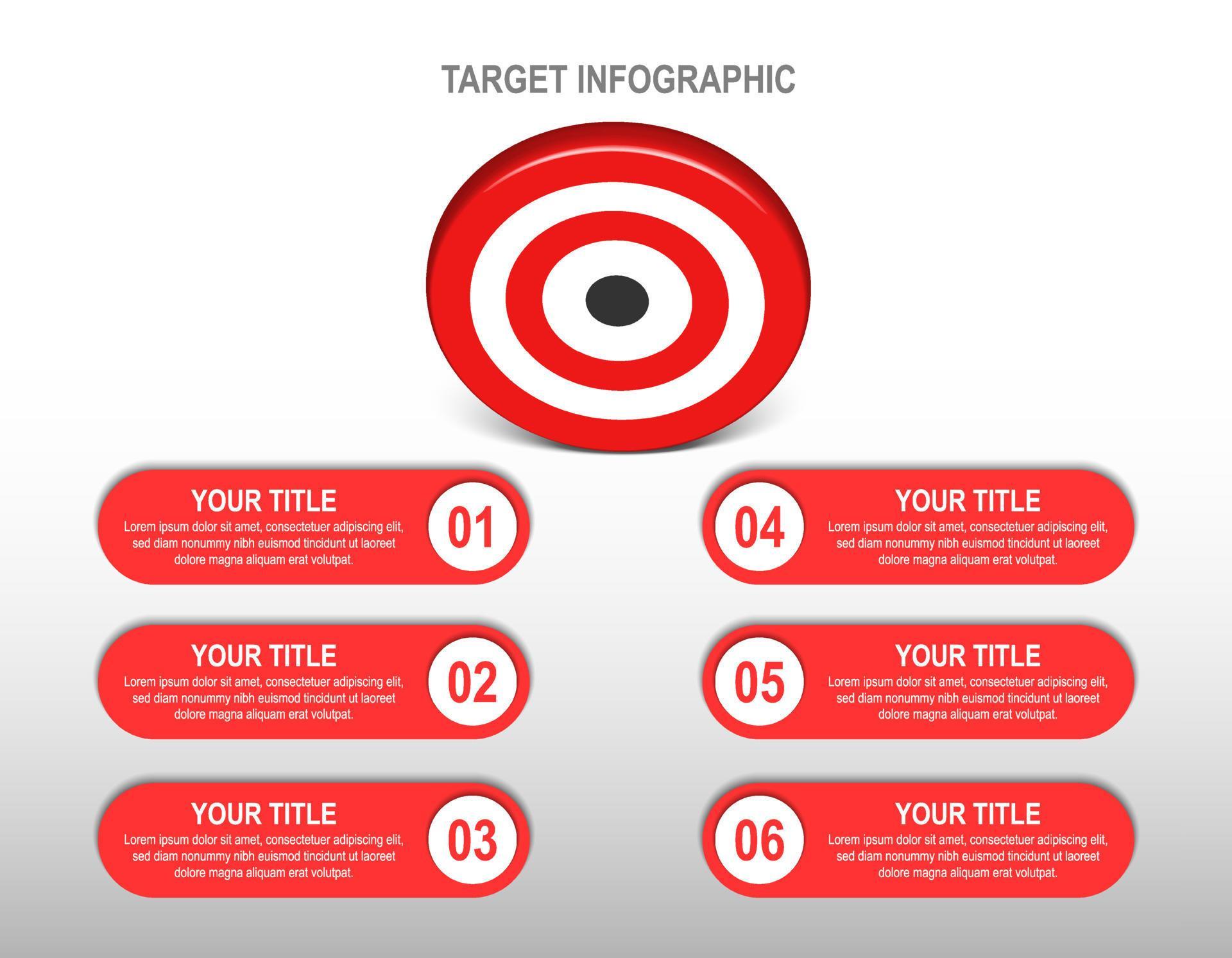 3d red target dartboard with 6 label infographic. target step number