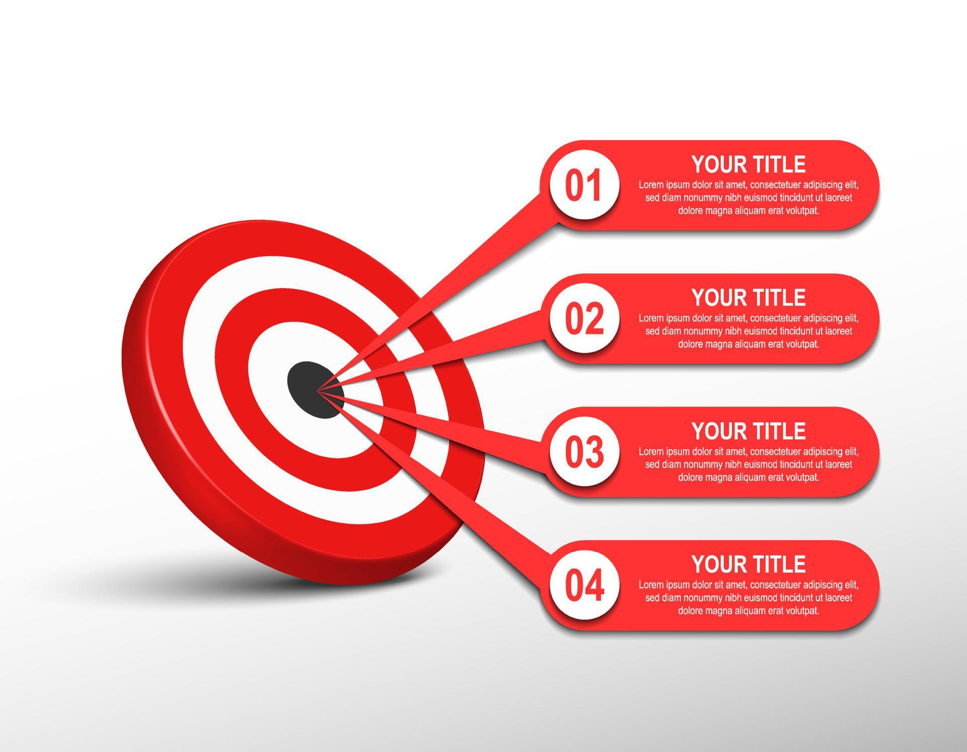 3d red target dartboard with label infographic. target step number