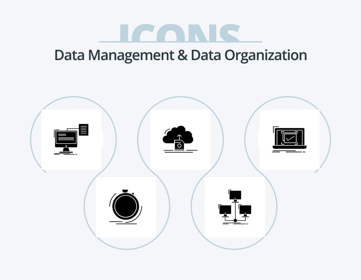 Data Management And Data Organization Glyph Icon Pack 5 Icon Design. save. cloud. network. document. print vector