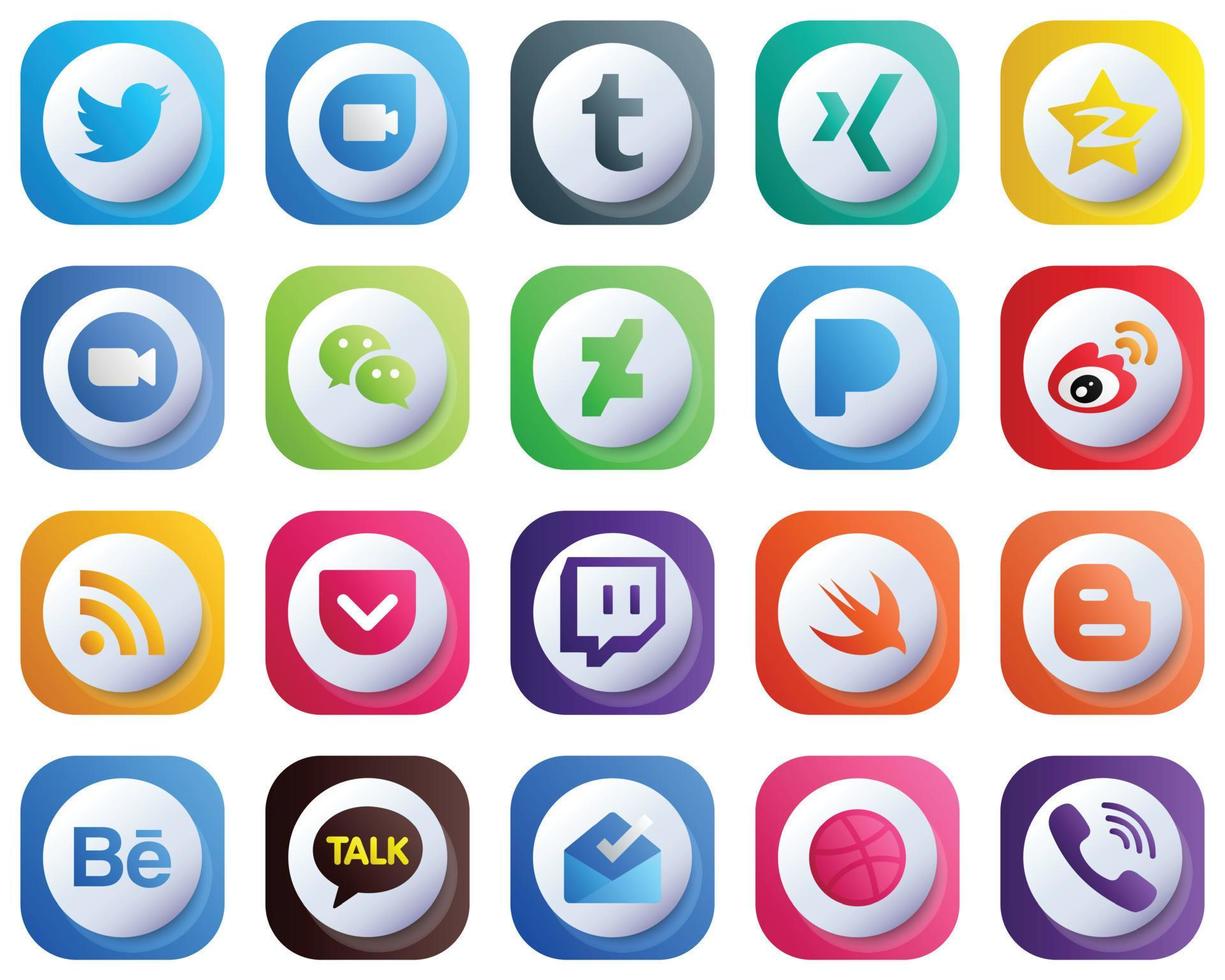 Cute 3D Gradient Icons for Major Social Media 20 pack such as sina. pandora. zoom. deviantart and wechat icons. Modern and High-Resolution vector