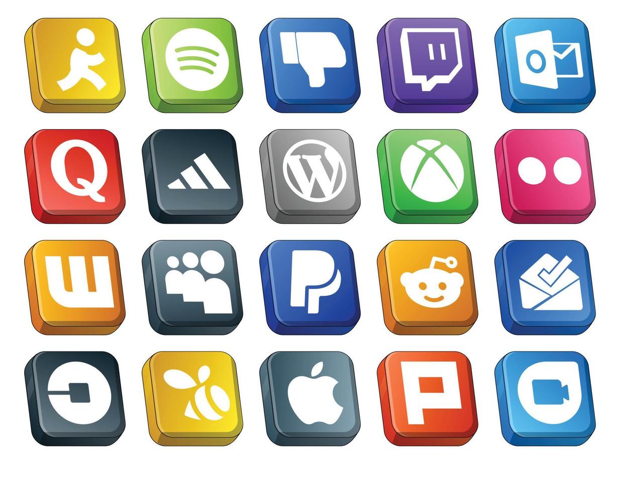 Paquete de 20 íconos de redes sociales que incluye uber reddit wordpress paypal wattpad vector