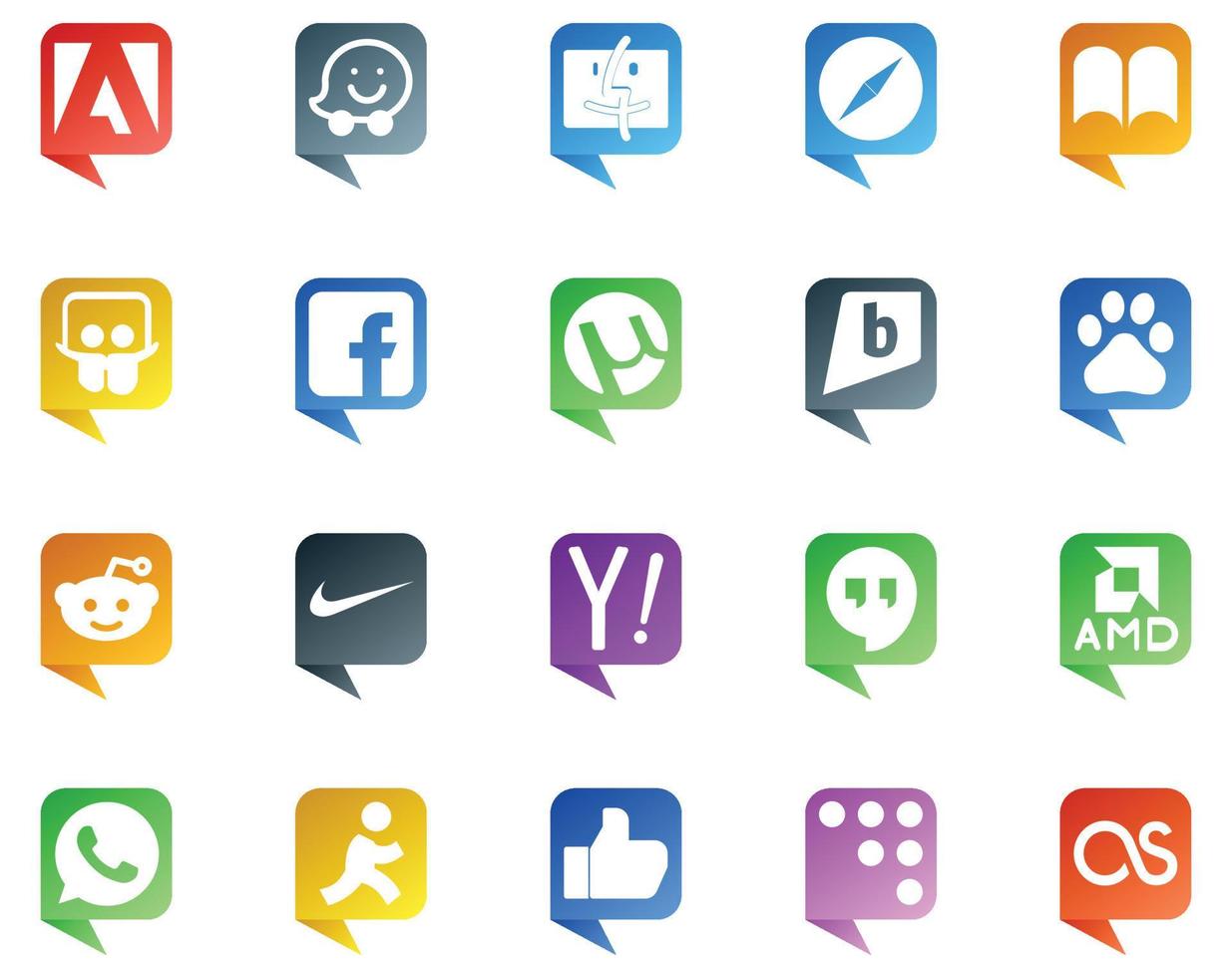 20 logotipos de estilo de burbujas de discurso de redes sociales como whatsapp hangouts utorrent search nike vector