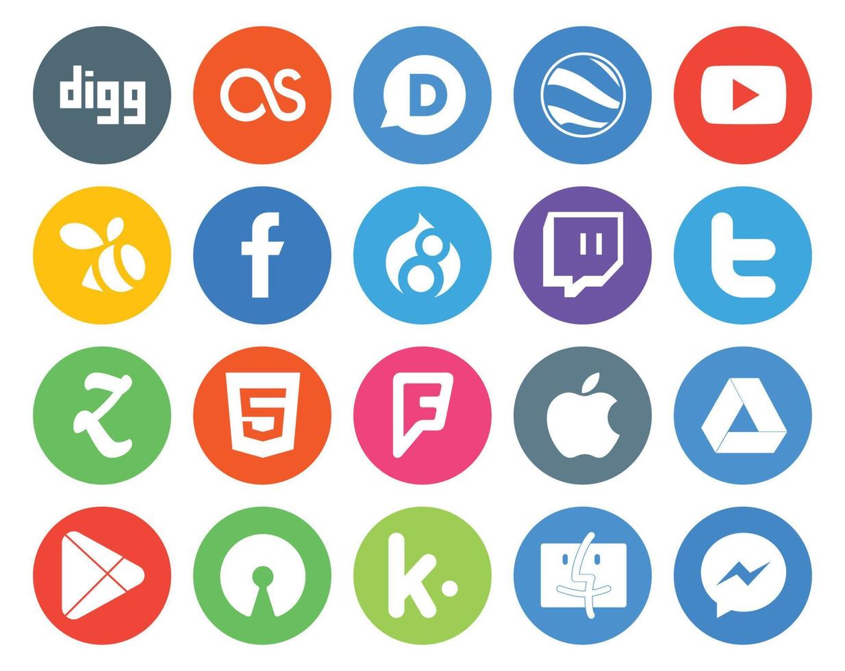 Paquete de 20 íconos de redes sociales que incluye google play apple drupal foursquare zootool vector