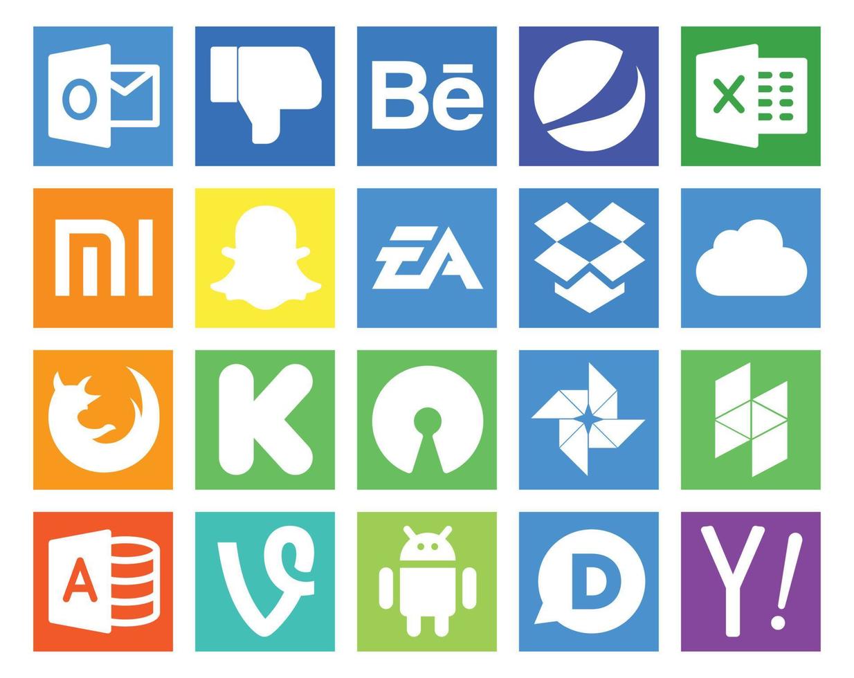 Paquete de 20 íconos de redes sociales que incluye houzz de código abierto ea kickstarter firefox vector
