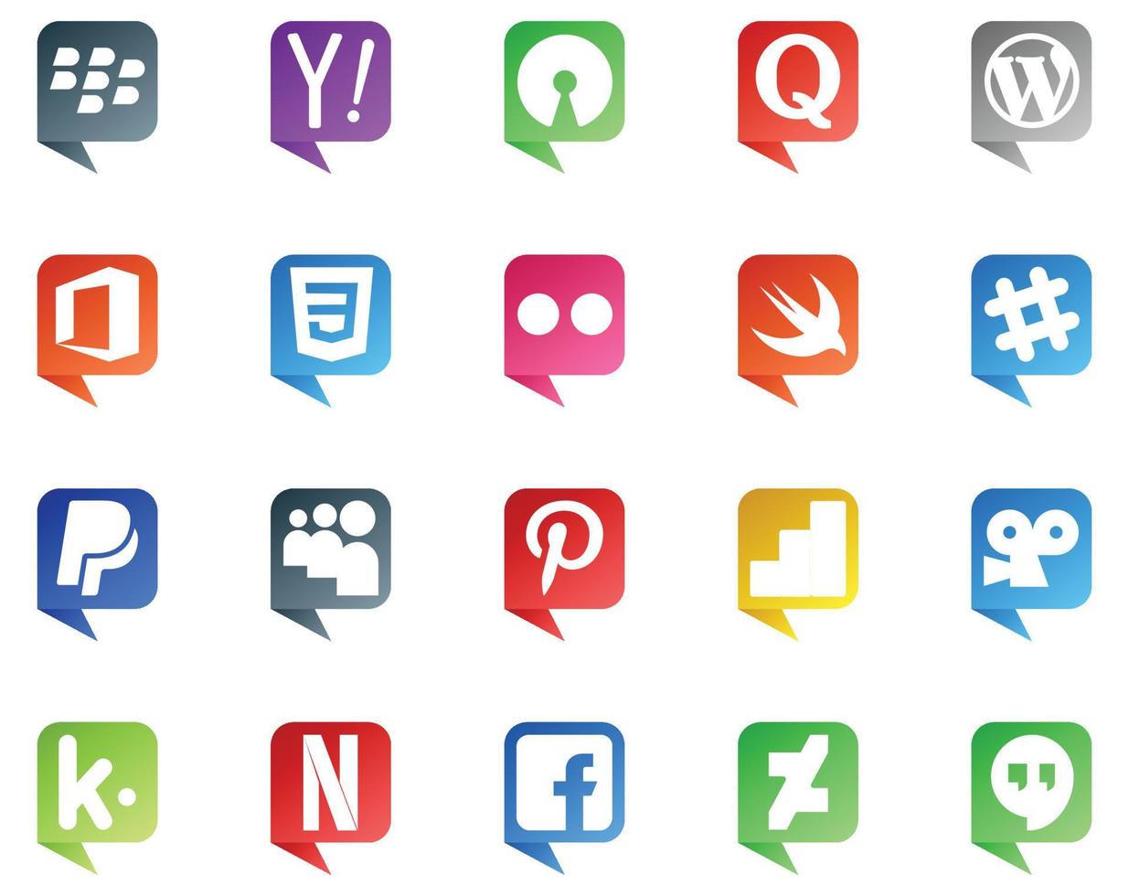20 logotipos de estilo de burbujas de discurso de redes sociales como google analytics myspace office paypal slack vector