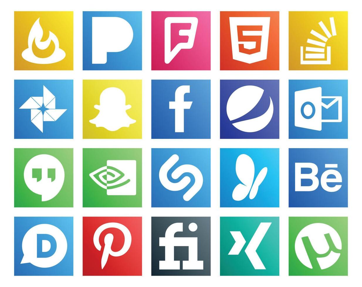 Paquete de 20 íconos de redes sociales que incluye behance shazam photo nvidia Outlook vector