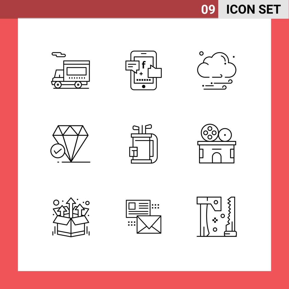 9 Thematic Vector Outlines and Editable Symbols of equipment bag cloud chalk jewel Editable Vector Design Elements