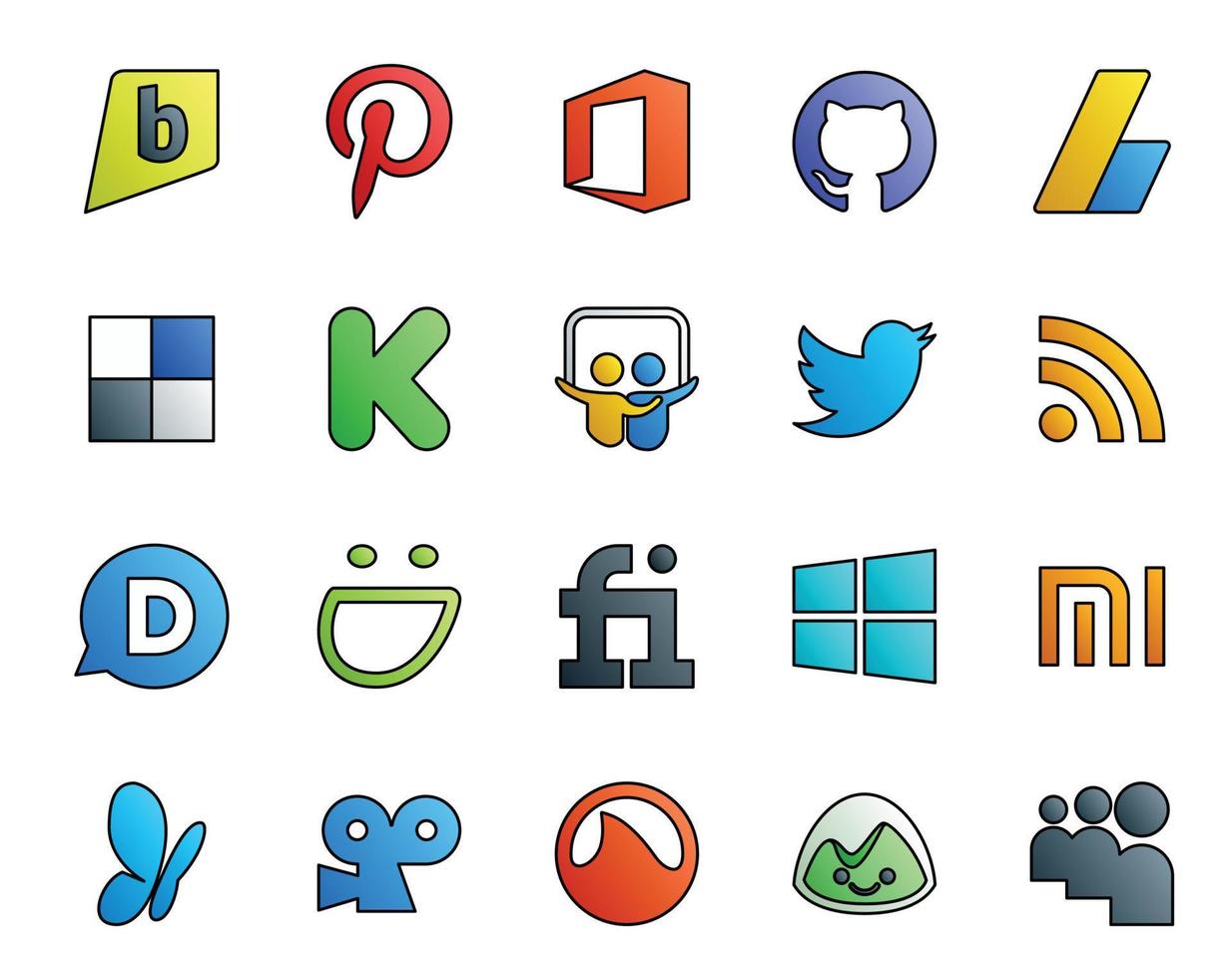 Paquete de 20 íconos de redes sociales que incluye msn windows slideshare fiverr disqus vector
