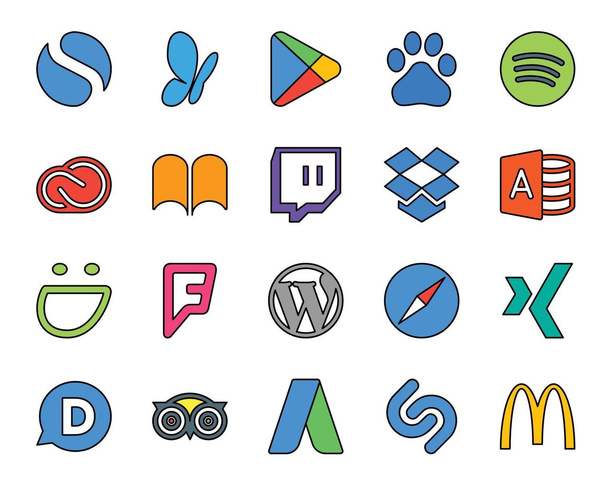 20 Social Media Icon Pack Including safari wordpress adobe foursquare microsoft access vector