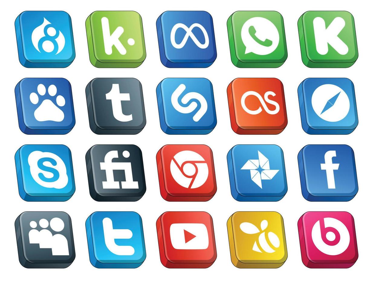 paquete de 20 iconos de redes sociales que incluye facebook chrome shazam fiverr skype vector