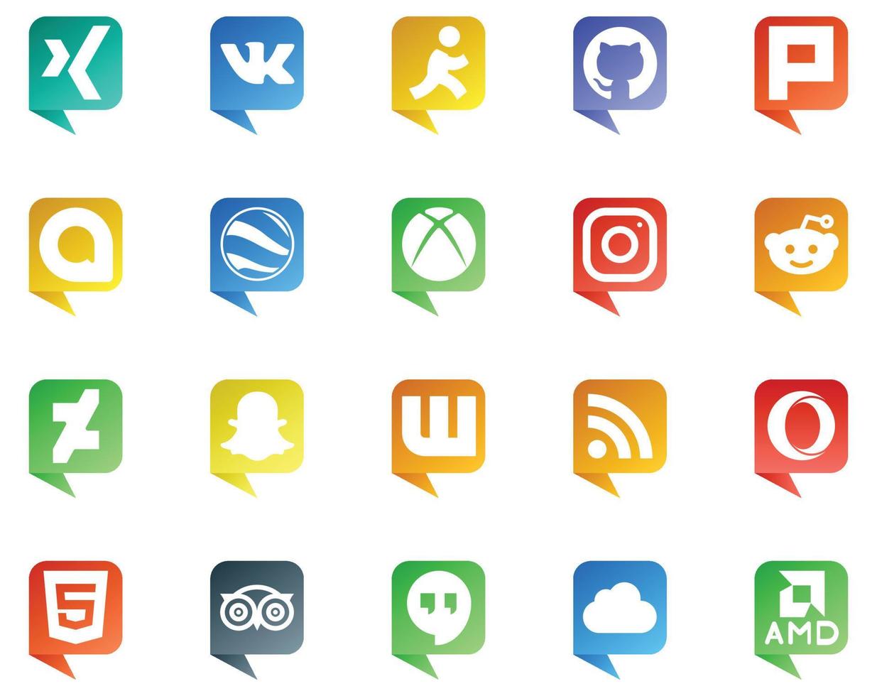 20 logotipos de estilo de burbujas de discurso de redes sociales como viajes html instagram opera wattpad vector