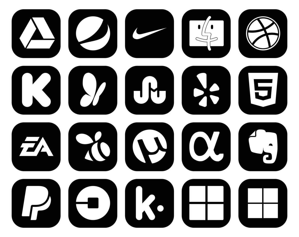 Paquete de 20 íconos de redes sociales que incluye la aplicación paypal net yelp utorrent sports vector
